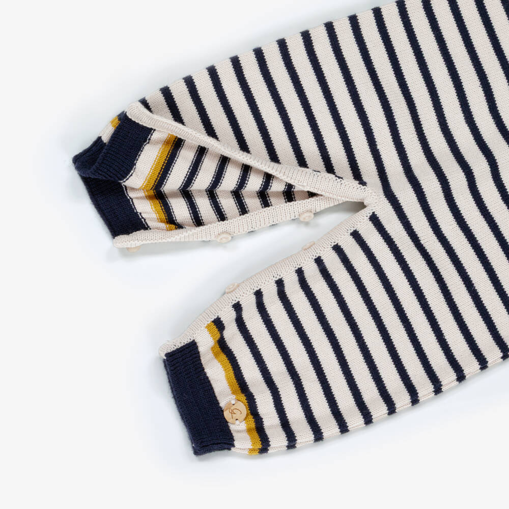 Artesanía Granlei-Boys Beige & Navy Blue Striped Knitted Romper | Childrensalon Outlet