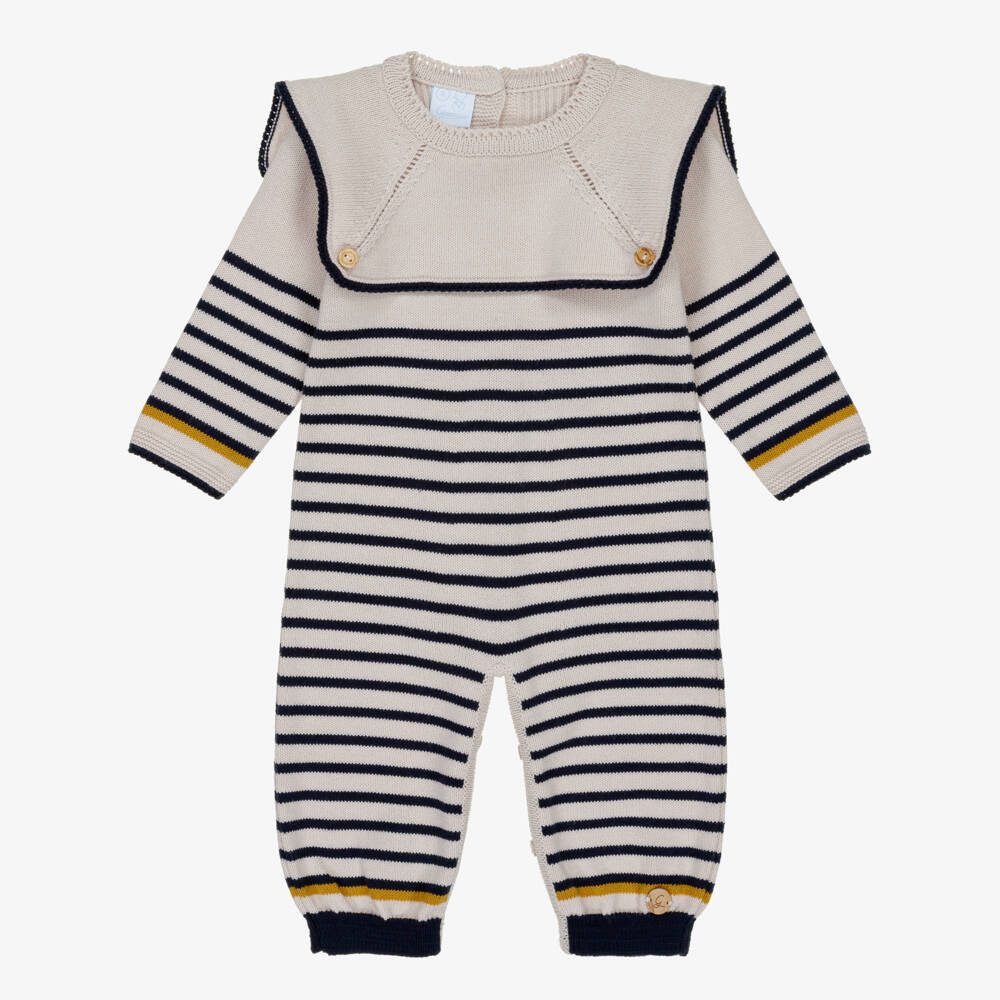 Artesanía Granlei-Boys Beige & Navy Blue Striped Knitted Romper | Childrensalon Outlet