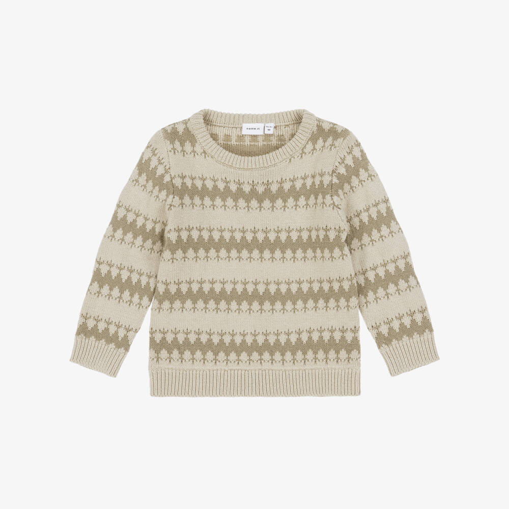 NAME IT-Boys Beige & Olive Green Cotton Knit Sweater | Childrensalon Outlet