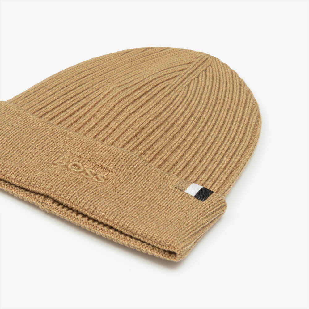 BOSS-Boys Beige Ribbed Knit Beanie Hat | Childrensalon Outlet