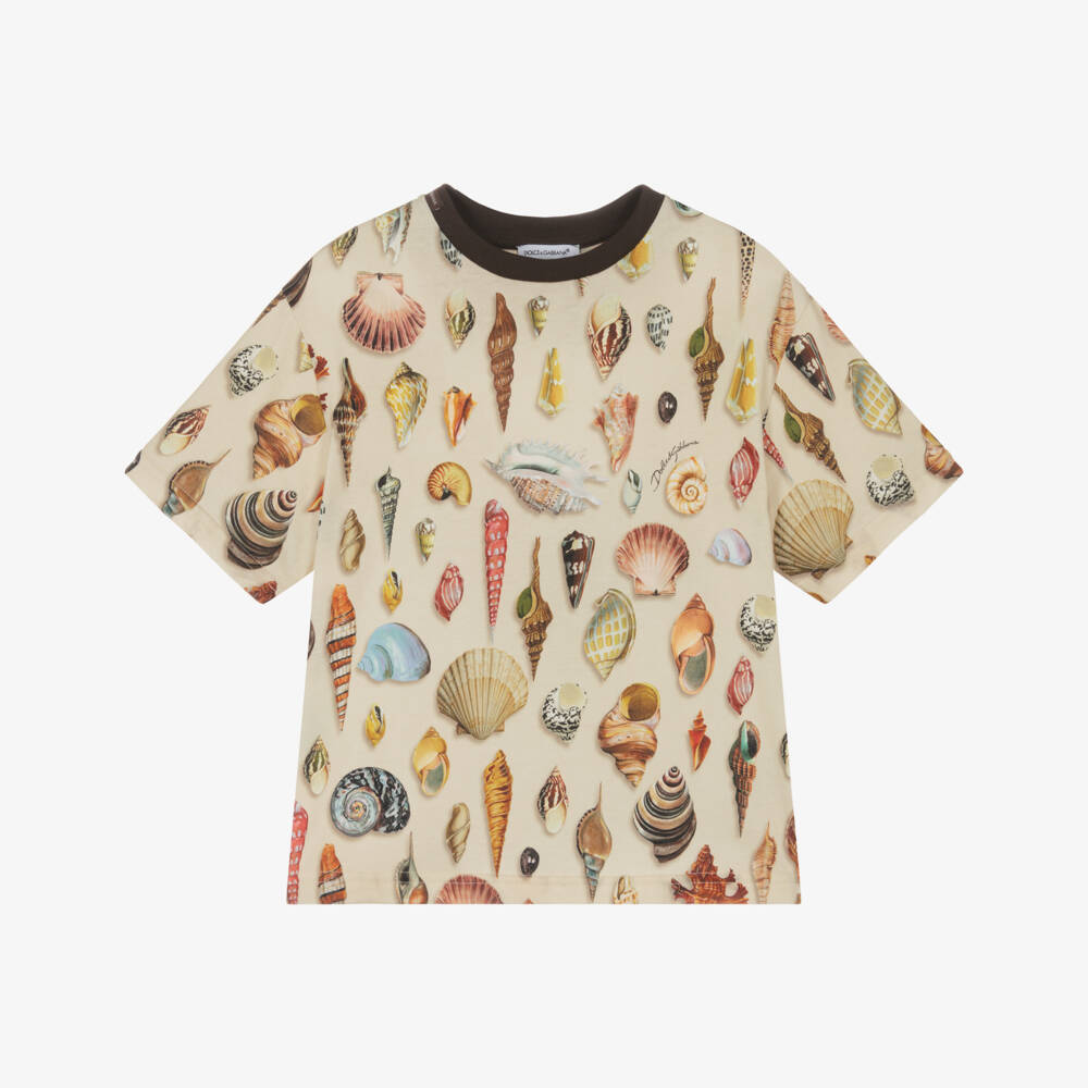 Dolce & Gabbana-Футболка из хлопка с ракушками бежевого цвета для мальчиков | Childrensalon Outlet
