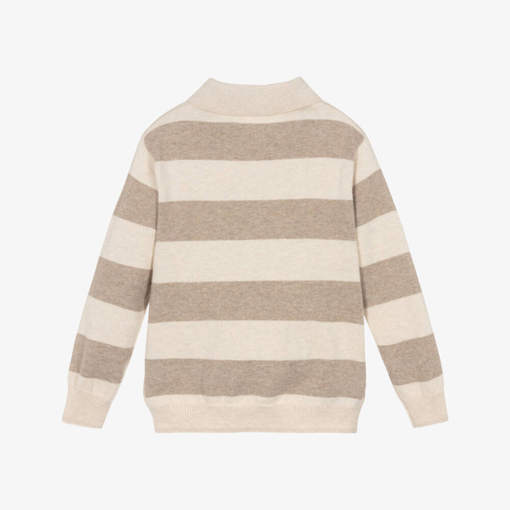 Mayoral-Boys Beige Striped Cotton & Wool Knitted Polo Shirt | Childrensalon Outlet