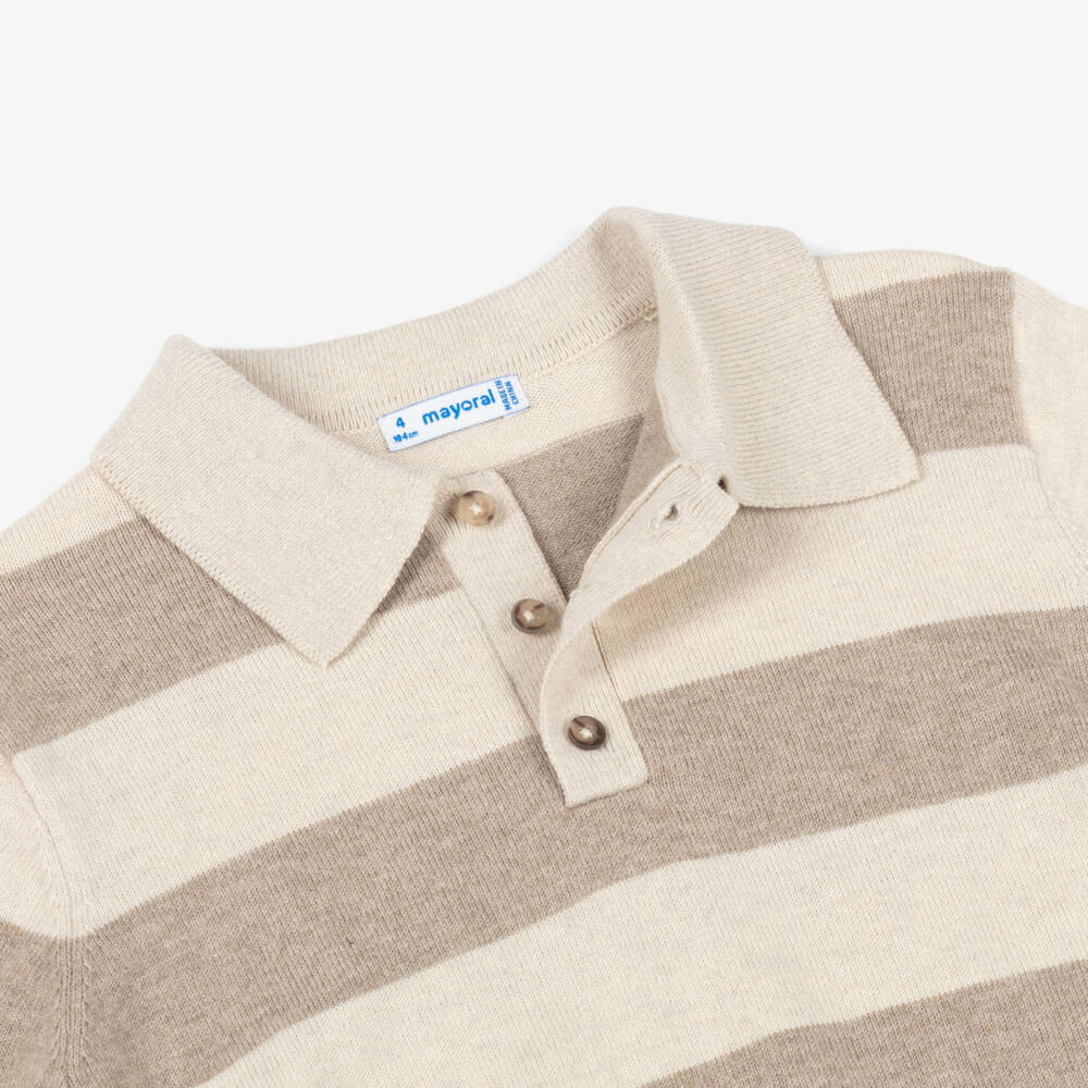 Mayoral-Boys Beige Striped Cotton & Wool Knitted Polo Shirt | Childrensalon Outlet