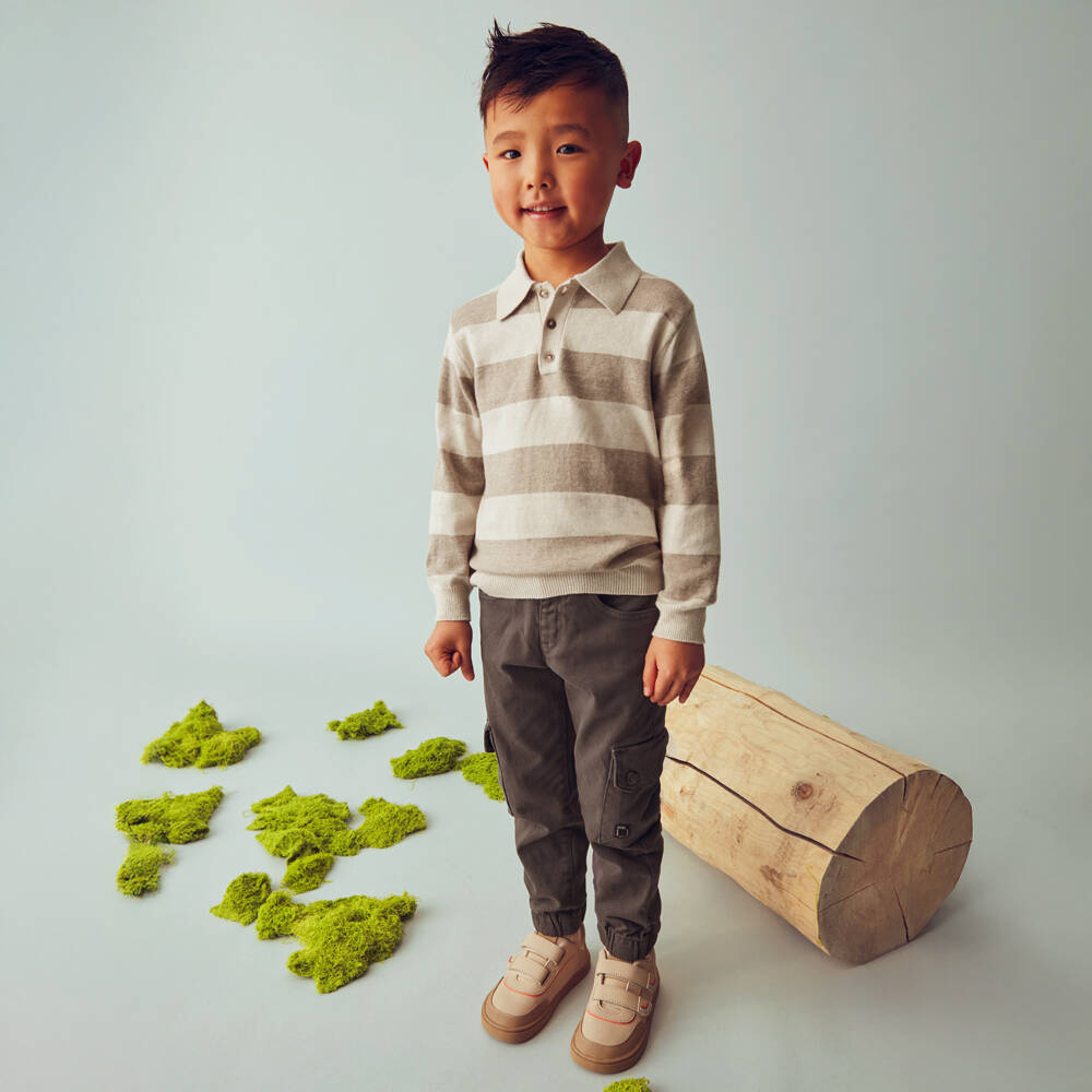 Mayoral-Boys Beige Striped Cotton & Wool Knitted Polo Shirt | Childrensalon Outlet