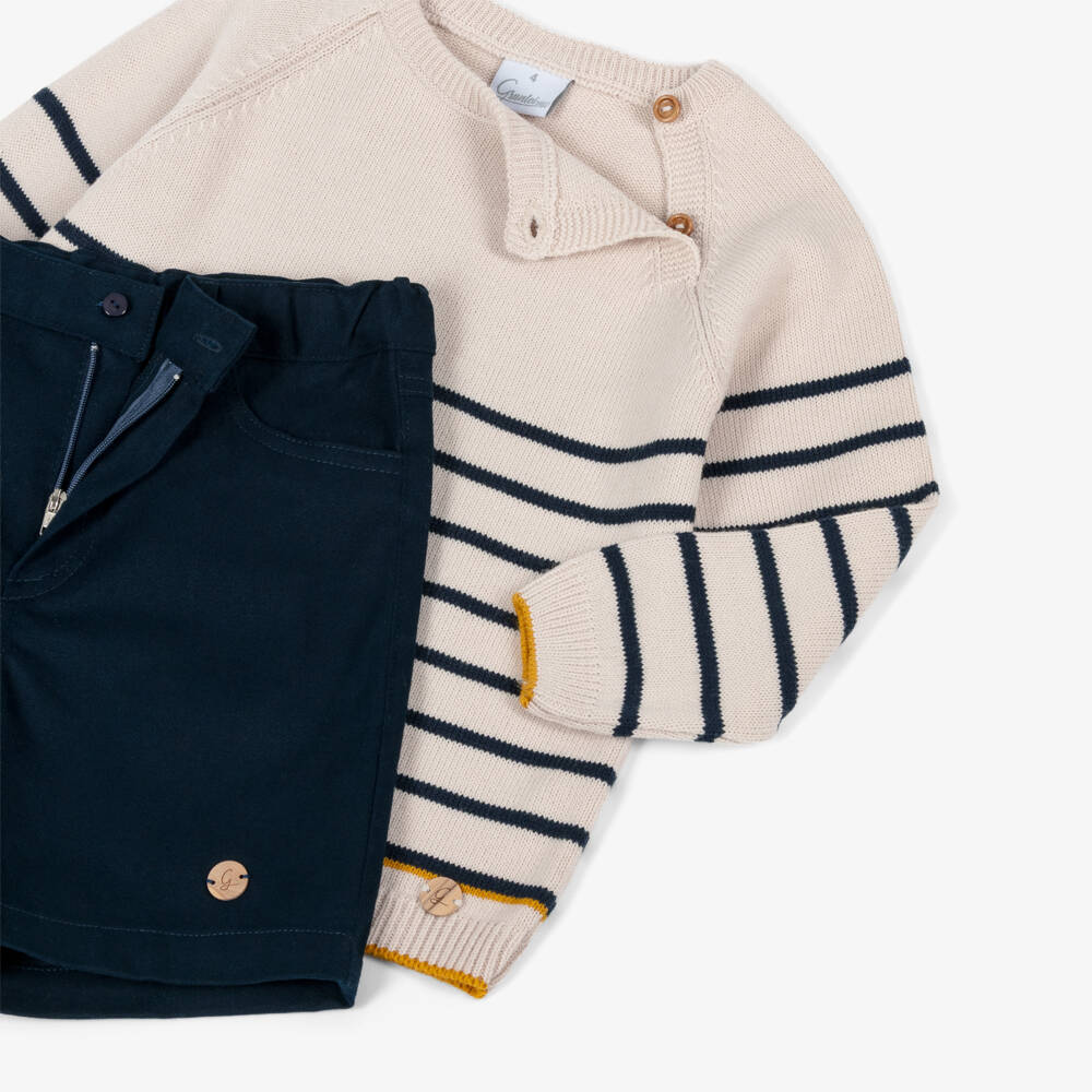 Artesanía Granlei-Boys Beige Striped Sweater & Navy Blue Shorts Set | Childrensalon Outlet