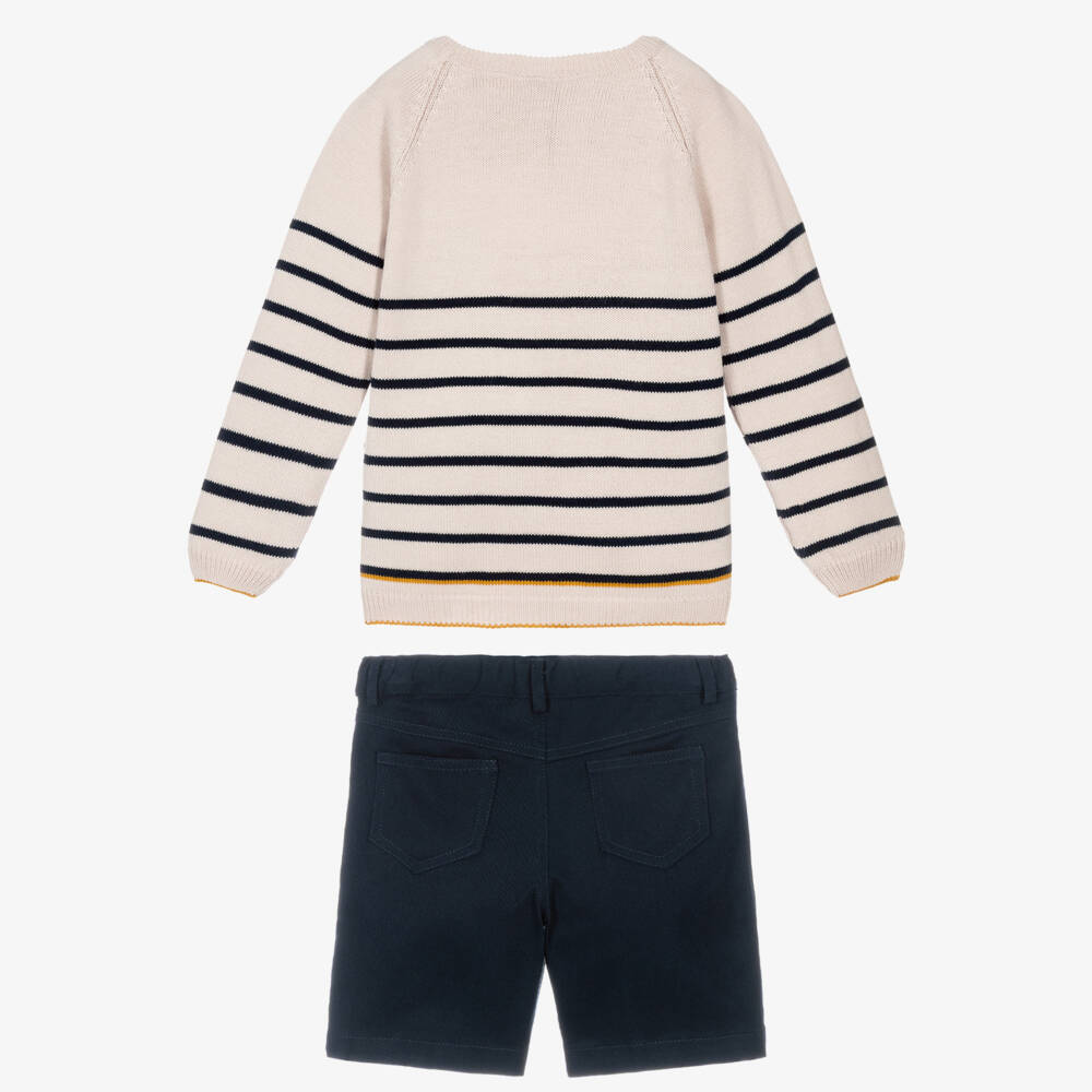Artesanía Granlei-Boys Beige Striped Sweater & Navy Blue Shorts Set | Childrensalon Outlet