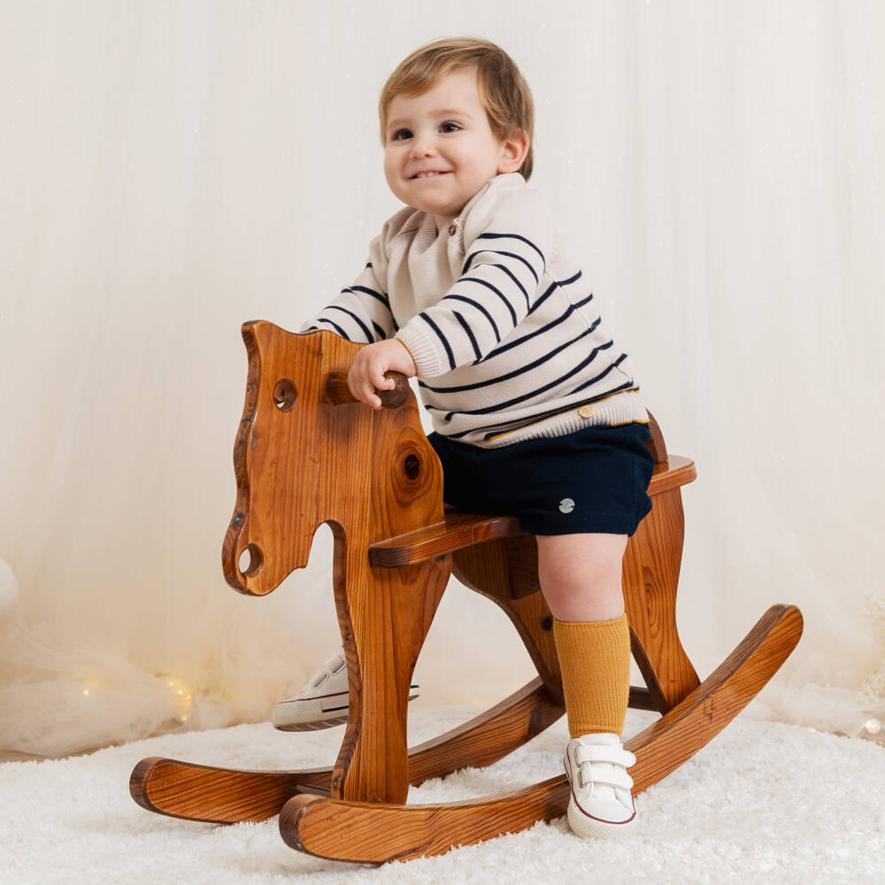Artesanía Granlei-Boys Beige Striped Sweater & Navy Blue Shorts Set | Childrensalon Outlet