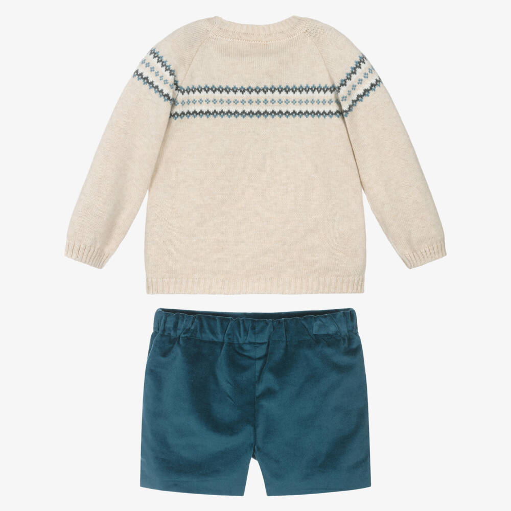 PAZ Rodríguez-Boys Beige Sweater & Blue Velvet Shorts Set | Childrensalon Outlet