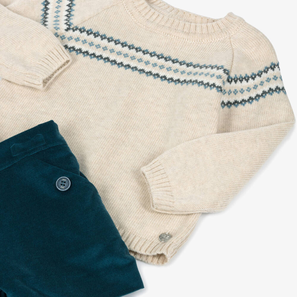 PAZ Rodríguez-Boys Beige Sweater & Blue Velvet Shorts Set | Childrensalon Outlet