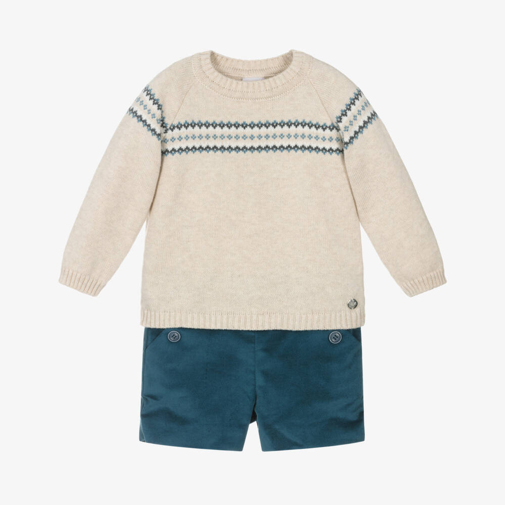 PAZ Rodríguez-Boys Beige Sweater & Blue Velvet Shorts Set | Childrensalon Outlet