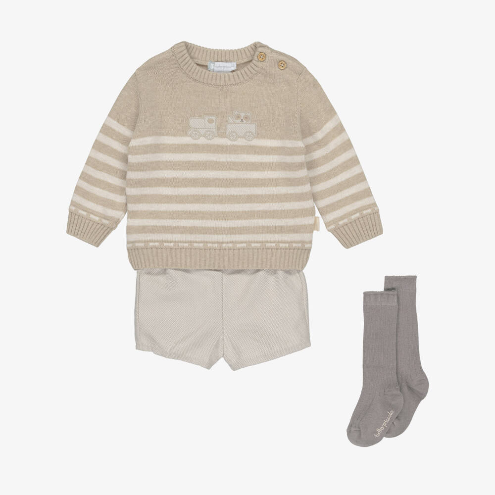 Tutto Piccolo-Boys Beige Sweater & Shorts Set with Train Motif | Childrensalon Outlet
