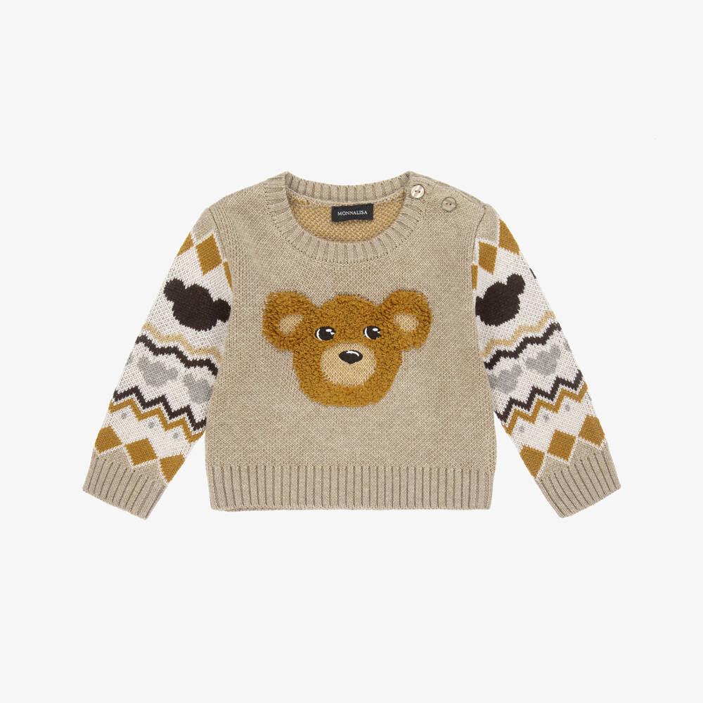 Monnalisa-Бежевый вязаный пуловер с медведем для мальчиков | Childrensalon Outlet