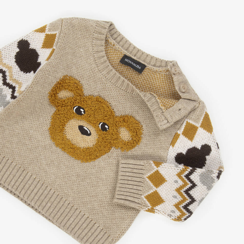 Monnalisa-Бежевый вязаный пуловер с медведем для мальчиков | Childrensalon Outlet