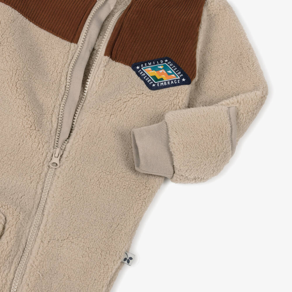 Frugi-Boys Beige Teddy Fleece Hooded Pramsuit | Childrensalon Outlet