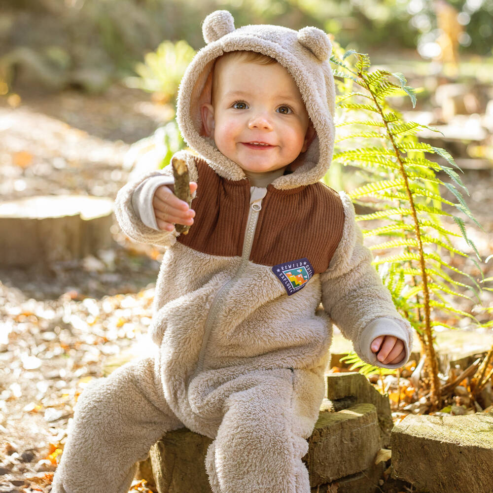 Frugi-Boys Beige Teddy Fleece Hooded Pramsuit | Childrensalon Outlet