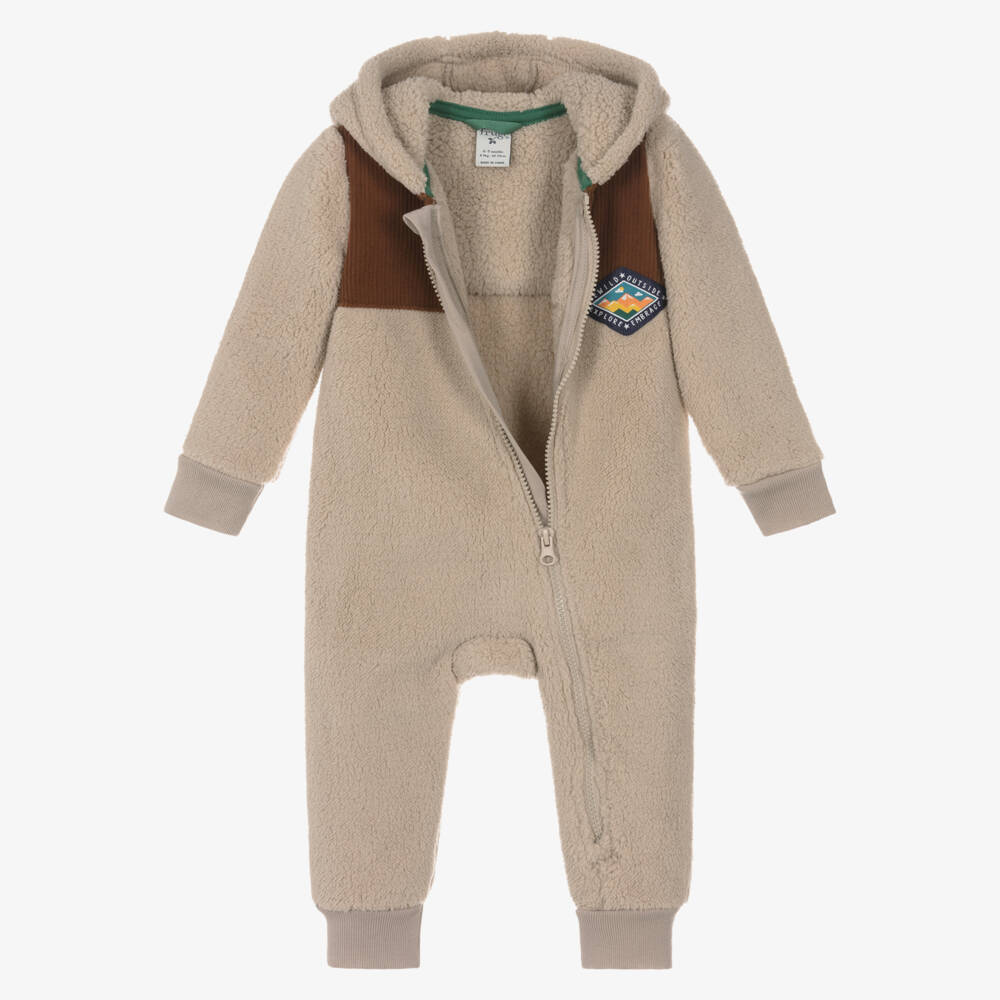 Frugi-Boys Beige Teddy Fleece Hooded Pramsuit | Childrensalon Outlet