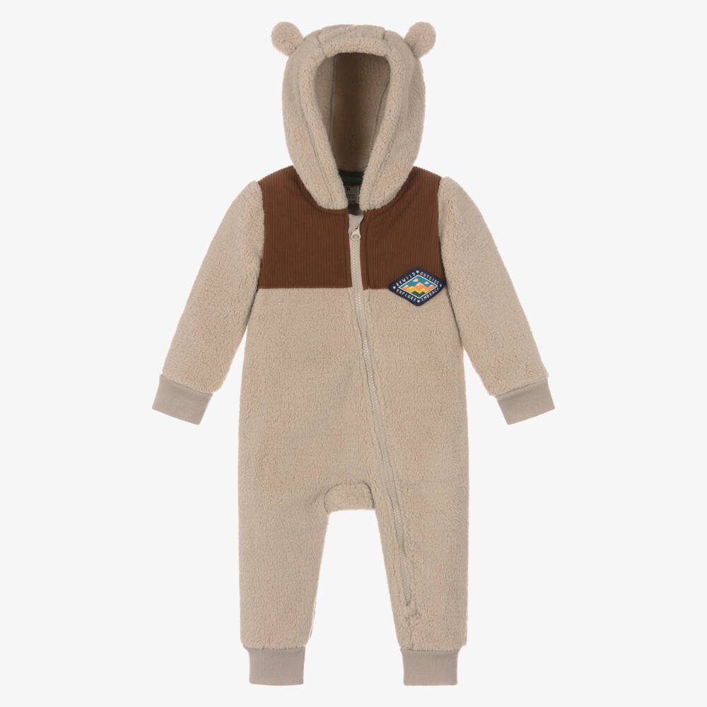 Frugi-Boys Beige Teddy Fleece Hooded Pramsuit | Childrensalon Outlet
