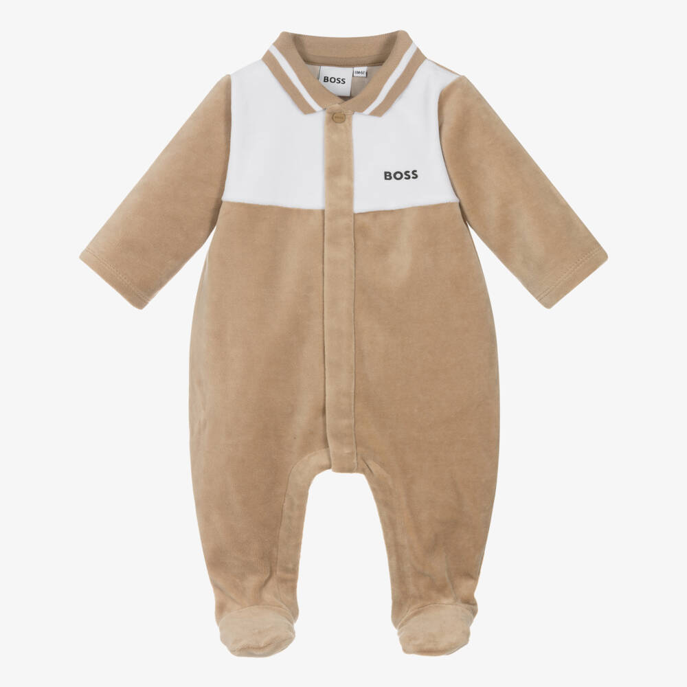 BOSS-Boys Beige Velour Babygrow with Ribbed Collar | Childrensalon Outlet