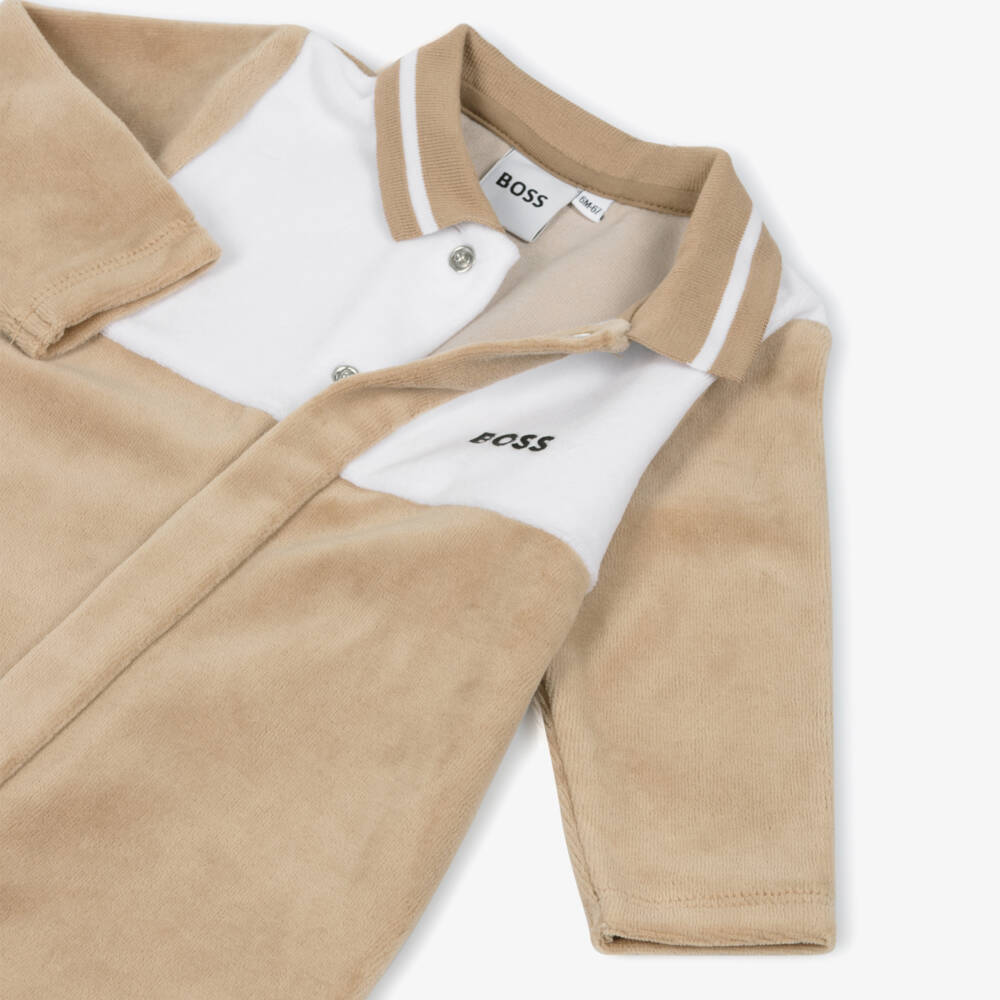 BOSS-Boys Beige Velour Babygrow with Ribbed Collar | Childrensalon Outlet
