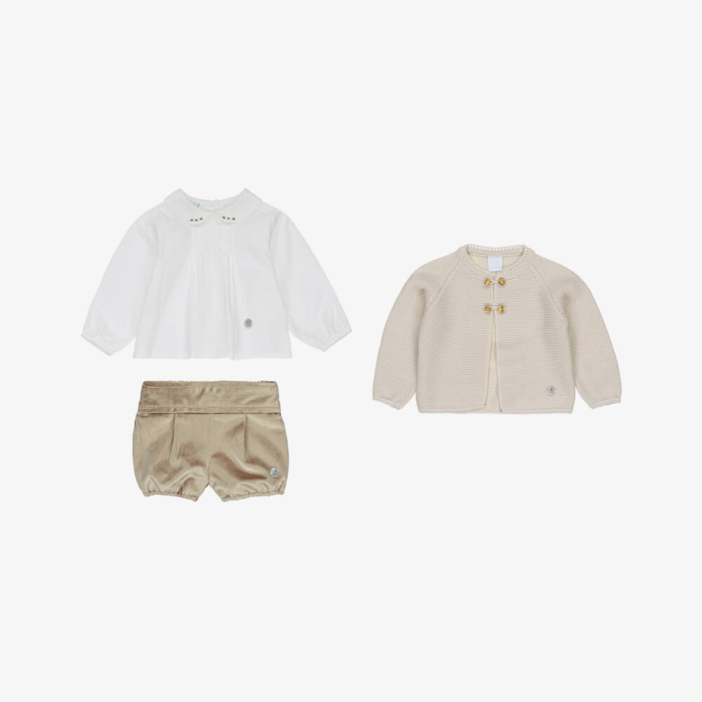 Artesanía Granlei-Boys Beige Velvet Shorts & Cardigan Set | Childrensalon Outlet