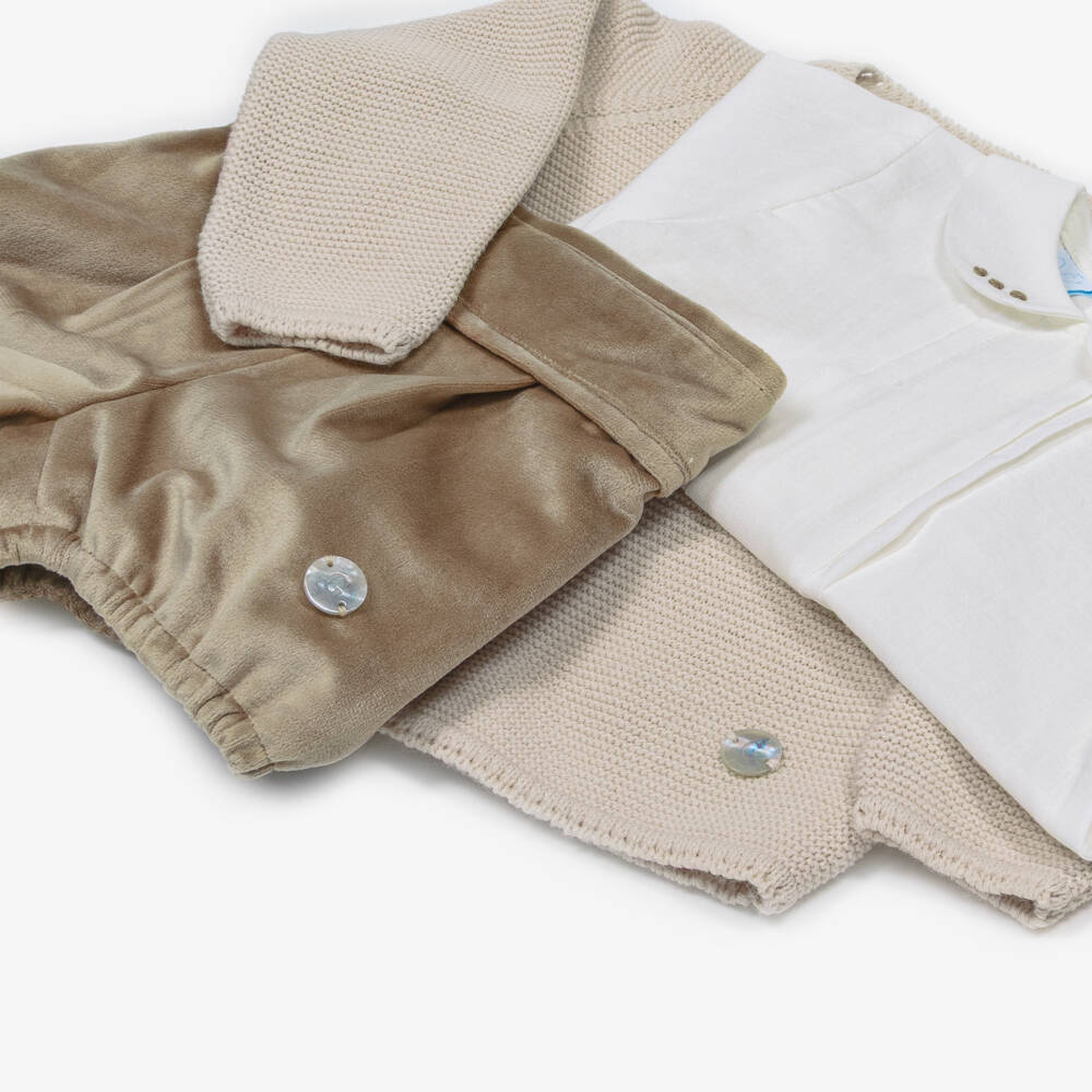 Artesanía Granlei-Boys Beige Velvet Shorts & Cardigan Set | Childrensalon Outlet