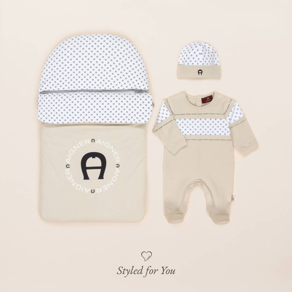 AIGNER-Boys Beige & White Pima Cotton Babygrow | Childrensalon Outlet