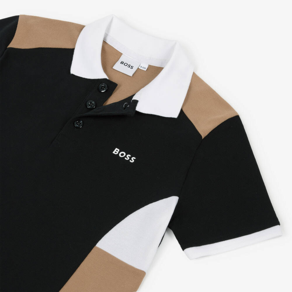 BOSS-Boys Black, Beige & White Colourblock Cotton Polo Shirt | Childrensalon Outlet