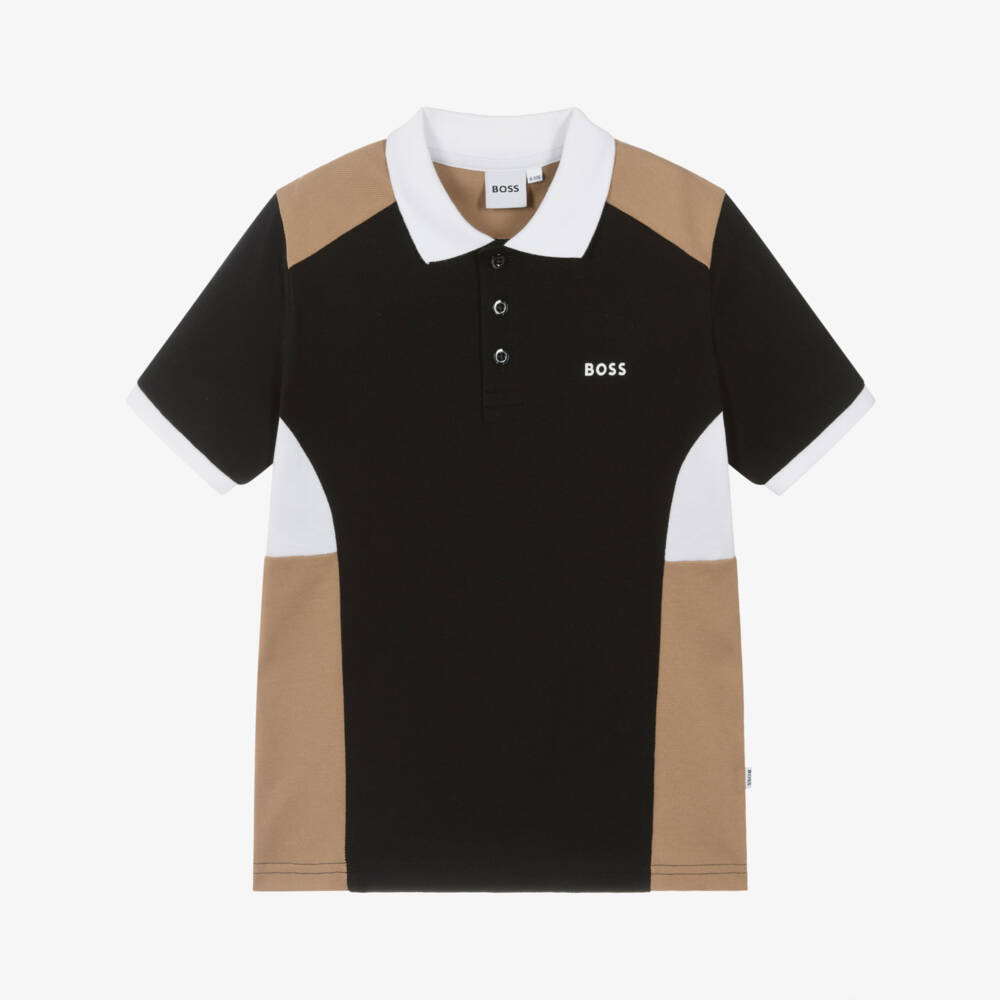 BOSS-Boys Black, Beige & White Colourblock Cotton Polo Shirt | Childrensalon Outlet