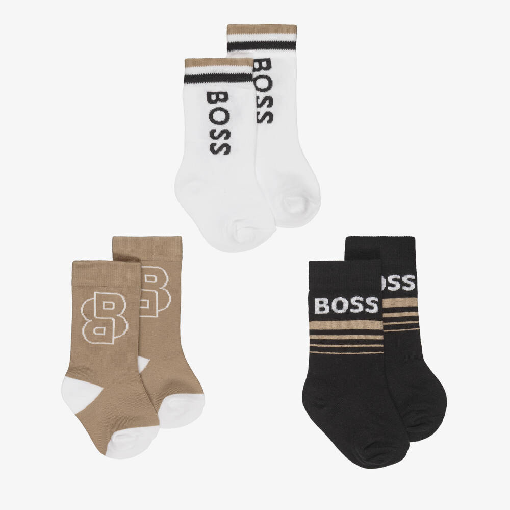 BOSS-Boys Black, Beige & White Knitted Ankle Socks (3 Pack) | Childrensalon Outlet