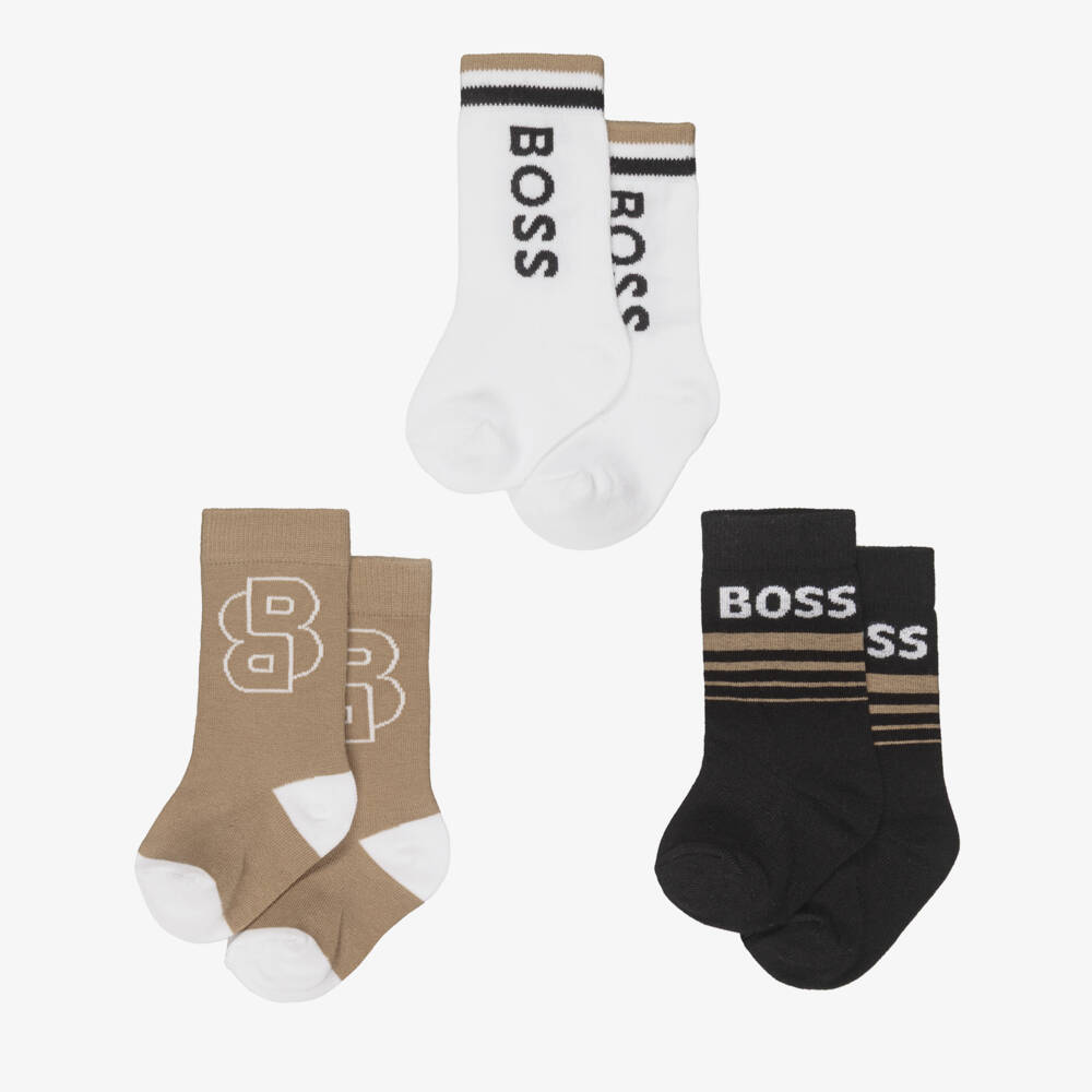 BOSS-Boys Black, Beige & White Knitted Ankle Socks (3 Pack) | Childrensalon Outlet