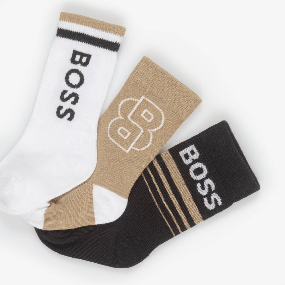 BOSS-Boys Black, Beige & White Knitted Ankle Socks (3 Pack) | Childrensalon Outlet