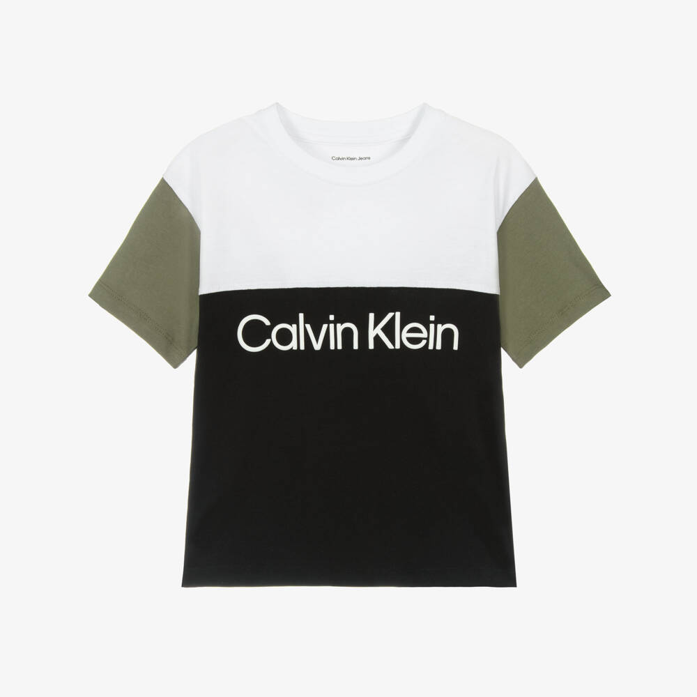 Calvin Klein-Boys Black Cotton Colour Block T-Shirt | Childrensalon Outlet