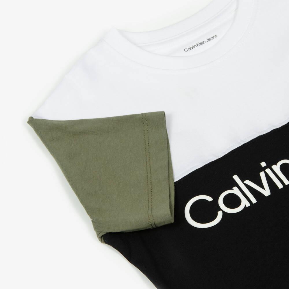 Calvin Klein-Boys Black Cotton Colour Block T-Shirt | Childrensalon Outlet