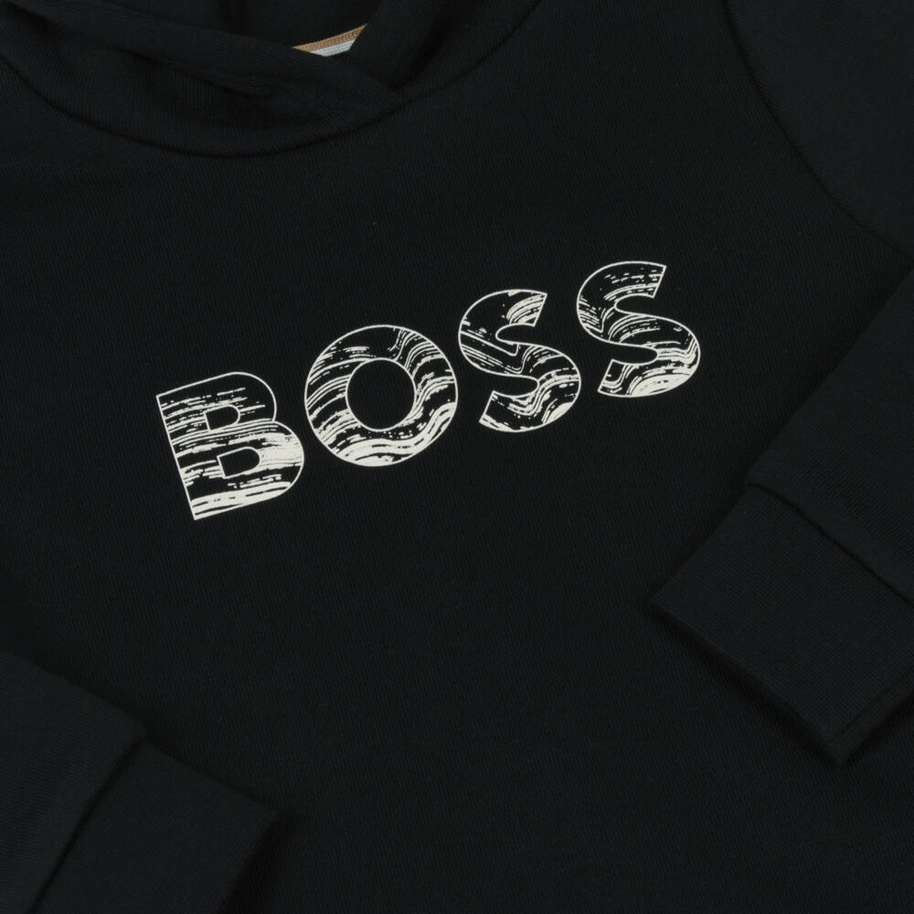 BOSS-Boys Black Cotton Graphic Logo Hoodie | Childrensalon Outlet