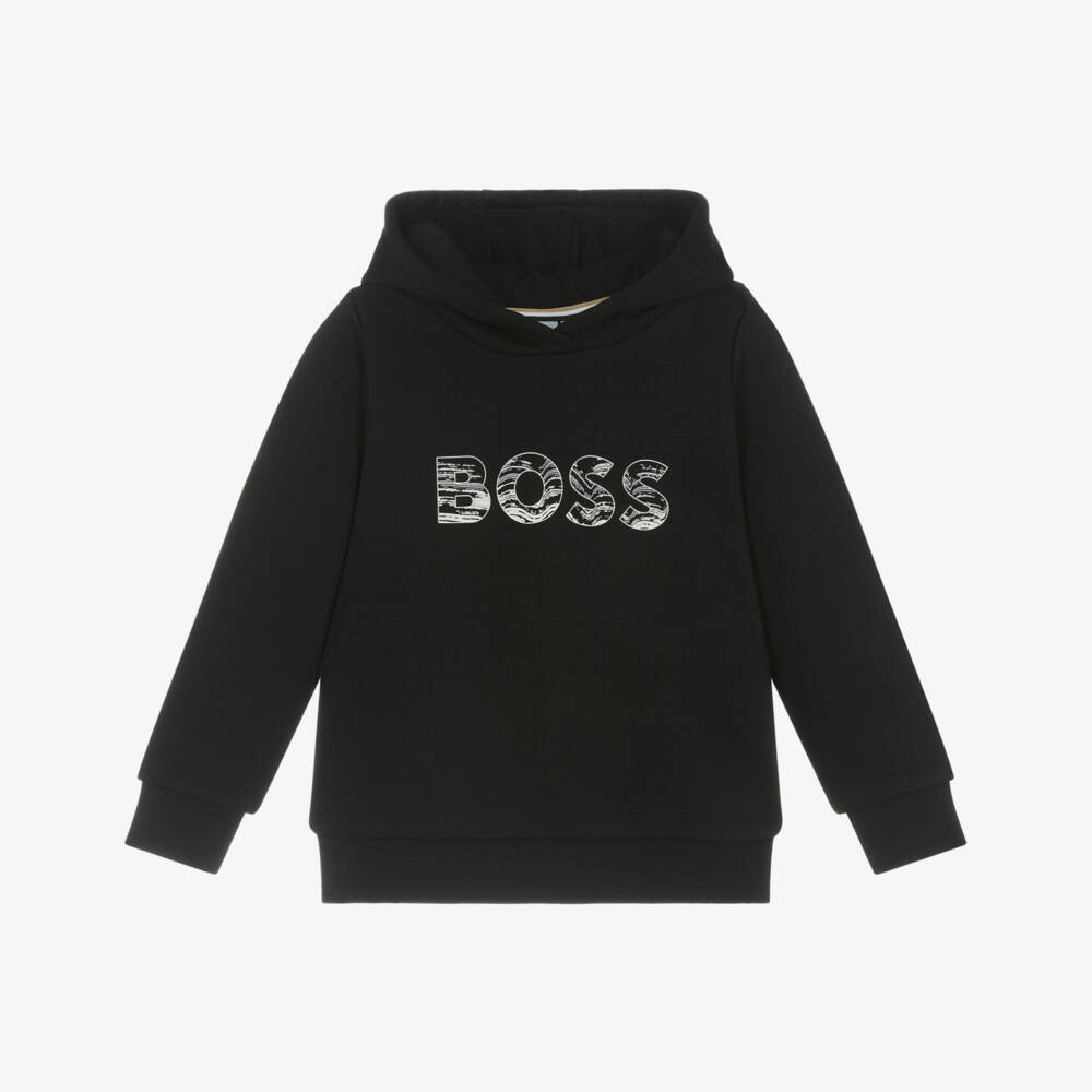 BOSS-Boys Black Cotton Graphic Logo Hoodie | Childrensalon Outlet
