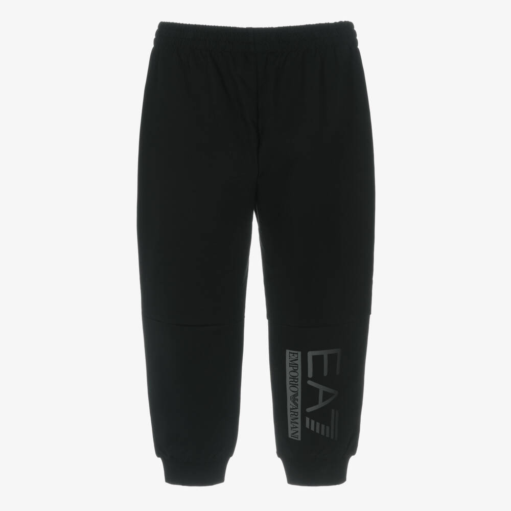 EA7 Emporio Armani-Boys Black Cotton Jersey Joggers with Ombré Logos | Childrensalon Outlet
