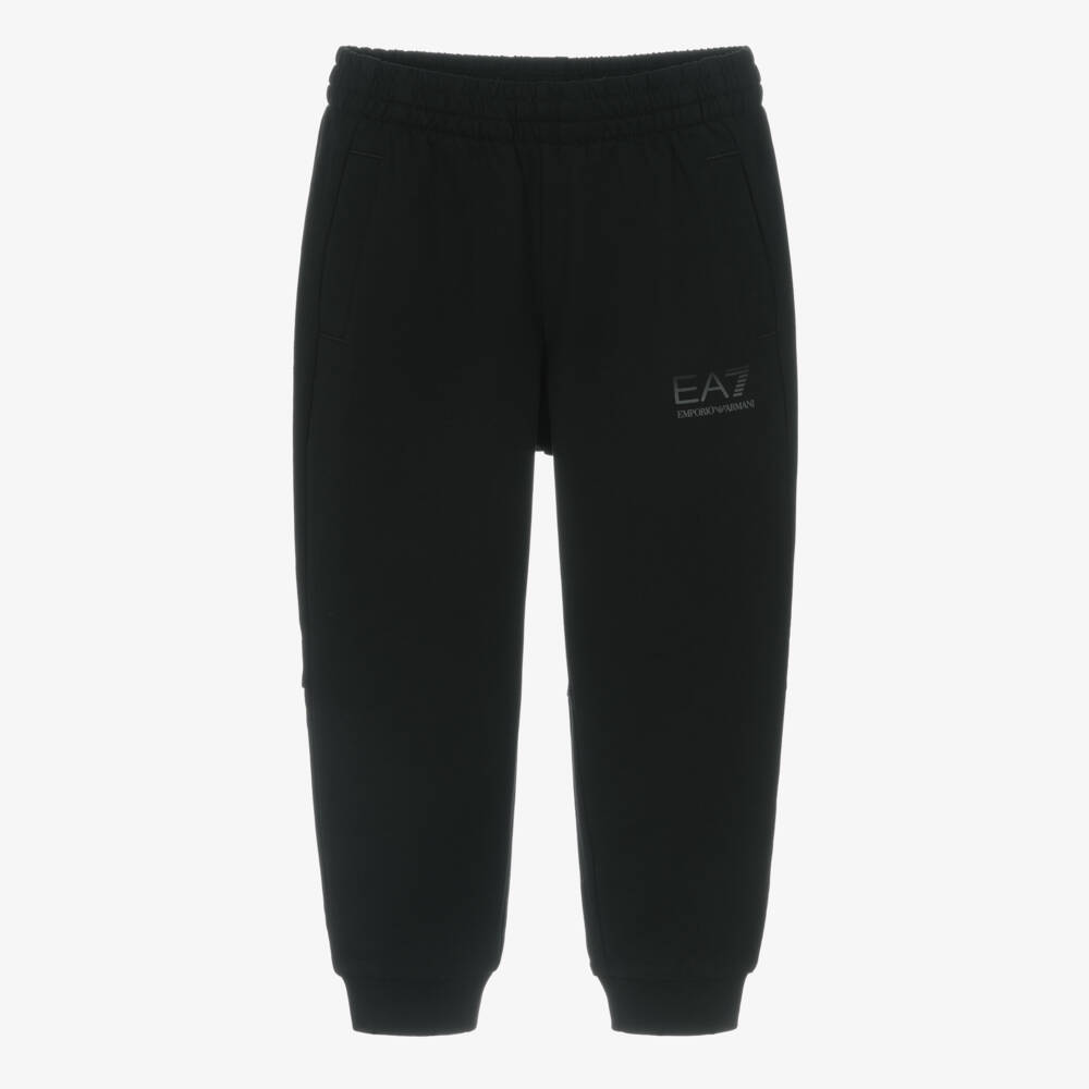 EA7 Emporio Armani-Boys Black Cotton Jersey Joggers with Ombré Logos | Childrensalon Outlet