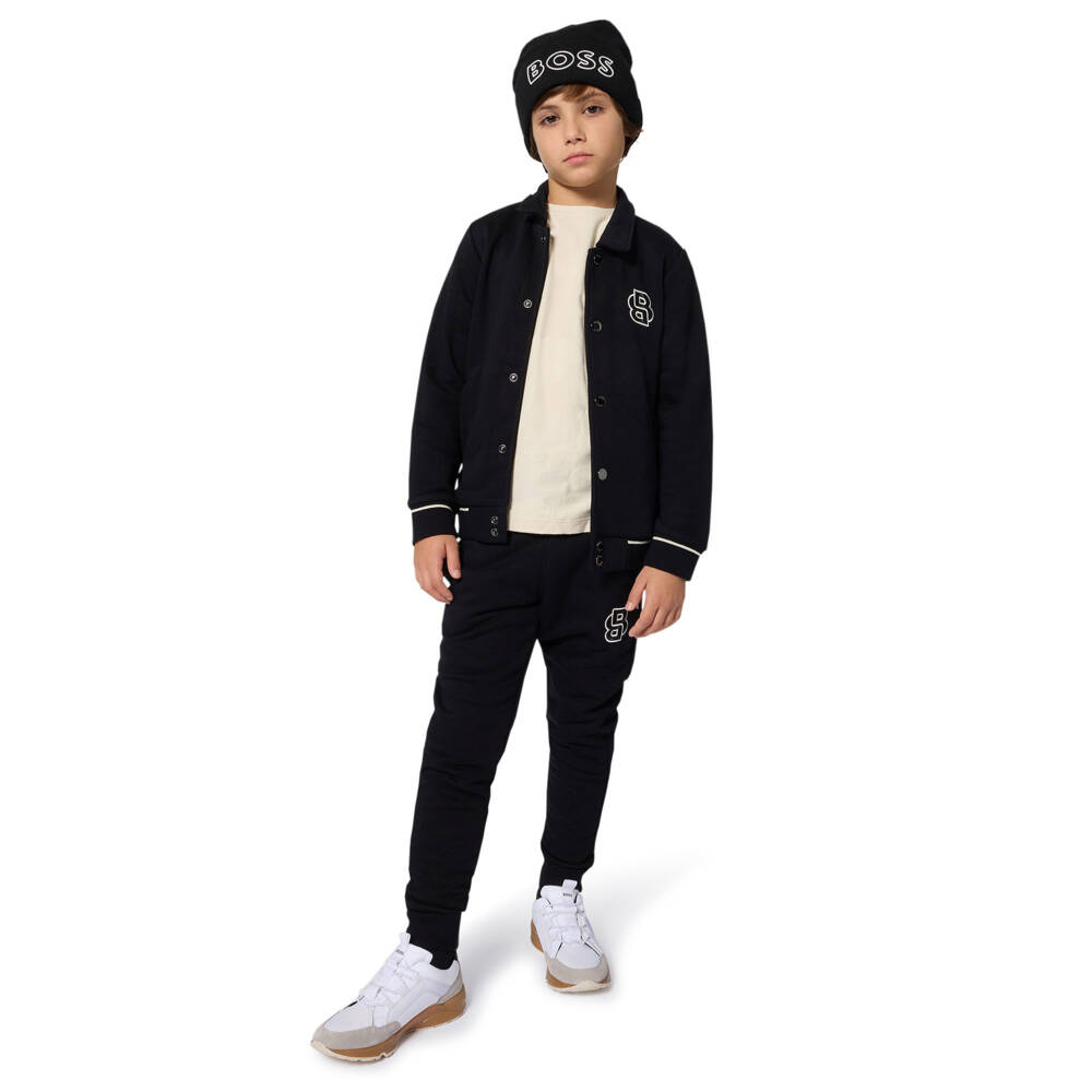 BOSS-Boys Black Cotton Jersey Varsity Jacket | Childrensalon Outlet