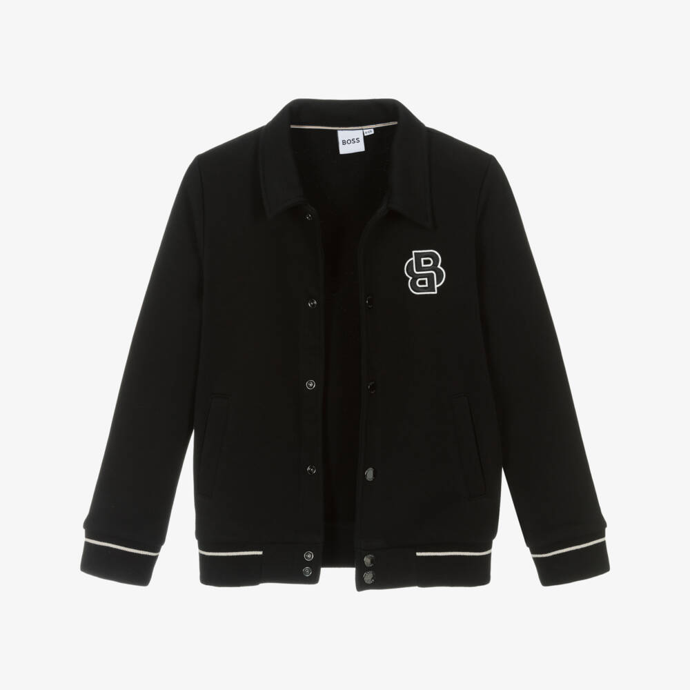 BOSS-Boys Black Cotton Jersey Varsity Jacket | Childrensalon Outlet