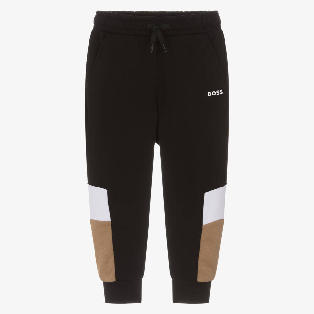 BOSS-Boys Black Cotton Logo Joggers with Colourblock Panels | Childrensalon Outlet