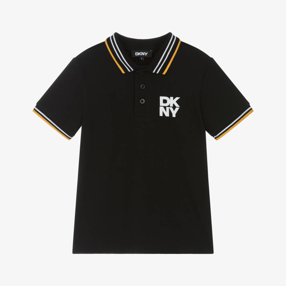 DKNY-Boys Black Cotton Logo Polo Shirt with Yellow Tipping | Childrensalon Outlet