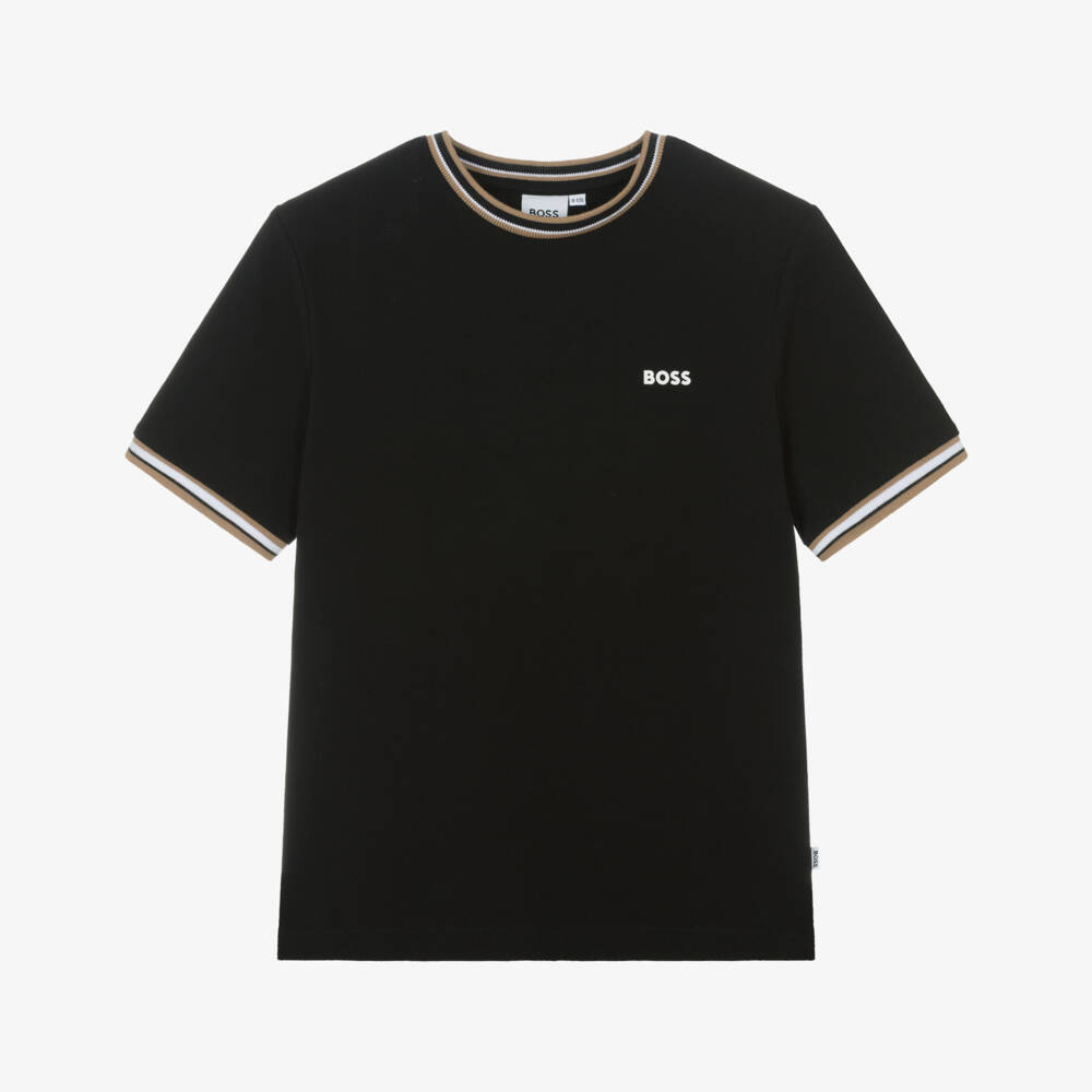 BOSS-Boys Black Cotton Piqué T-Shirt with Tricolour Trim | Childrensalon Outlet