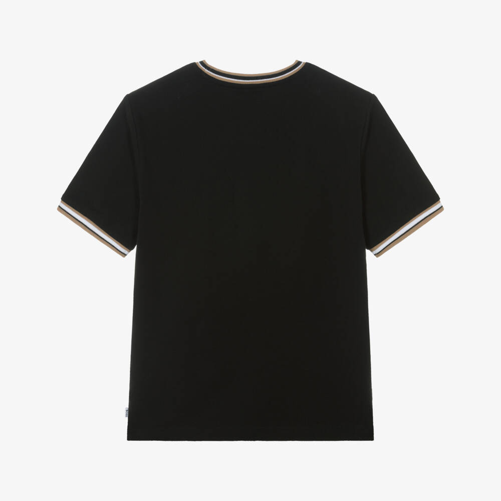 BOSS-Boys Black Cotton Piqué T-Shirt with Tricolour Trim | Childrensalon Outlet