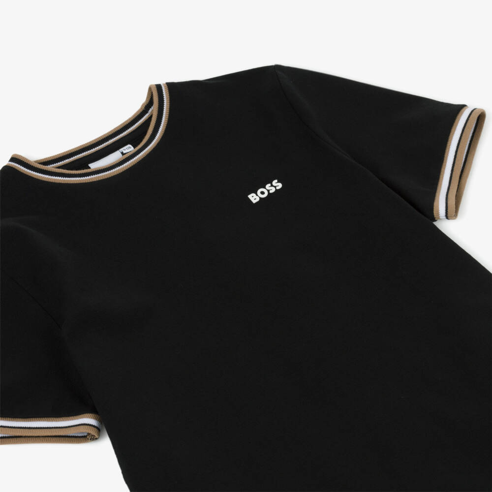 BOSS-Boys Black Cotton Piqué T-Shirt with Tricolour Trim | Childrensalon Outlet