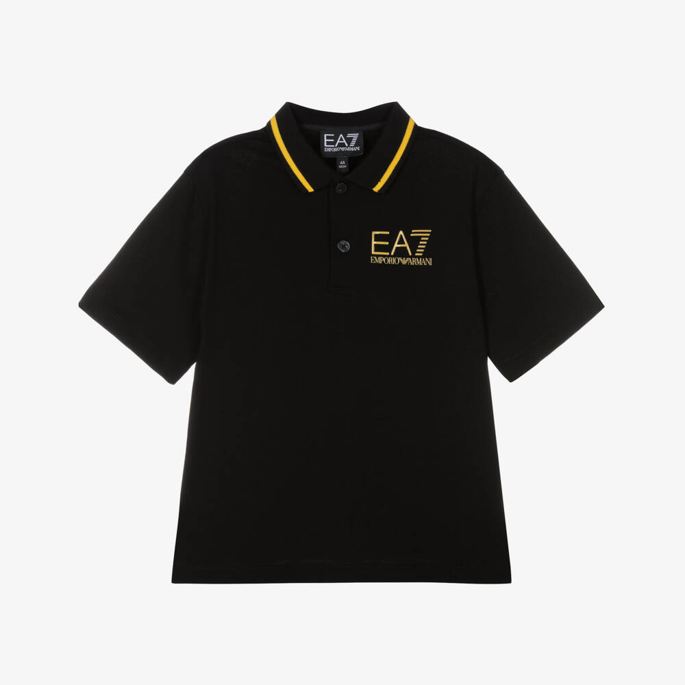EA7 Emporio Armani-Boys Black Cotton Polo Shirt | Childrensalon Outlet