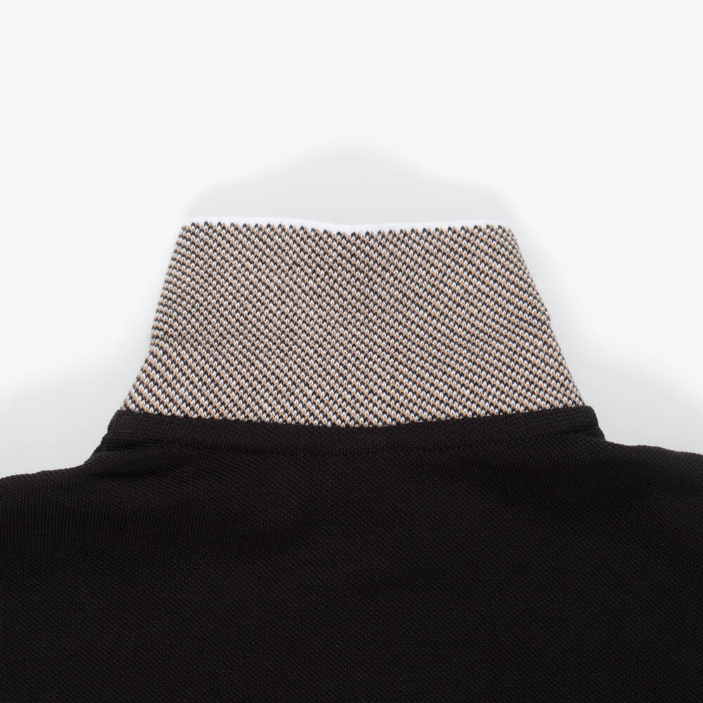 BOSS-Boys Black Cotton Polo Shirt With Jacquard Collar | Childrensalon Outlet