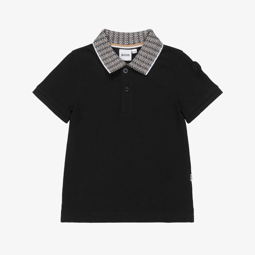 BOSS-Boys Black Cotton Polo Shirt With Jacquard Collar | Childrensalon Outlet