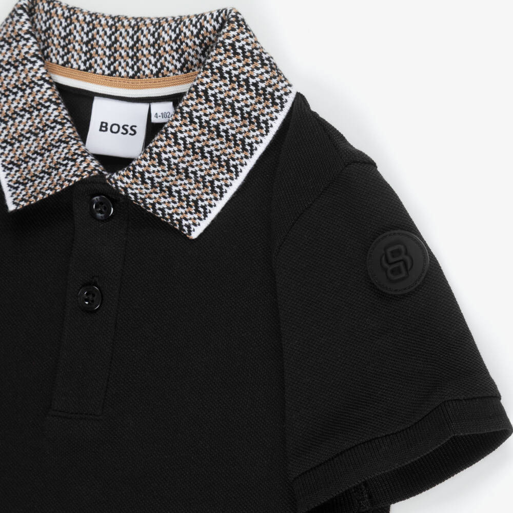BOSS-Boys Black Cotton Polo Shirt With Jacquard Collar | Childrensalon Outlet