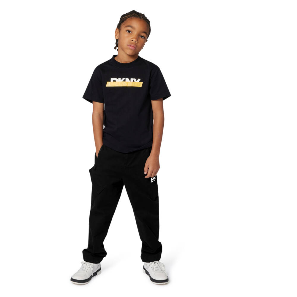 DKNY-Boys Black Cotton Sticky Tape Logo T-Shirt | Childrensalon Outlet