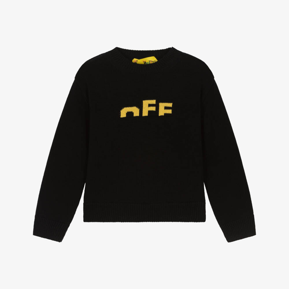 Off-White-Boys Black Cotton Sweater with Yellow Logos | Childrensalon Outlet